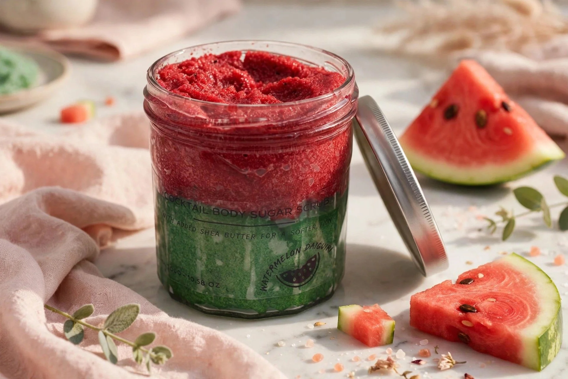 Watermelon Daiquiri fragranced sugar body scrub with watermelon slices