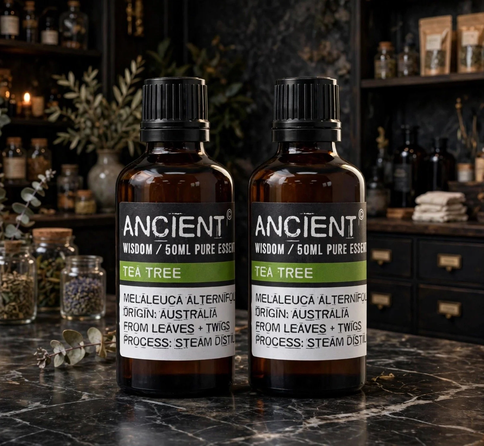 Two tea tree essential oil 50ml bottles