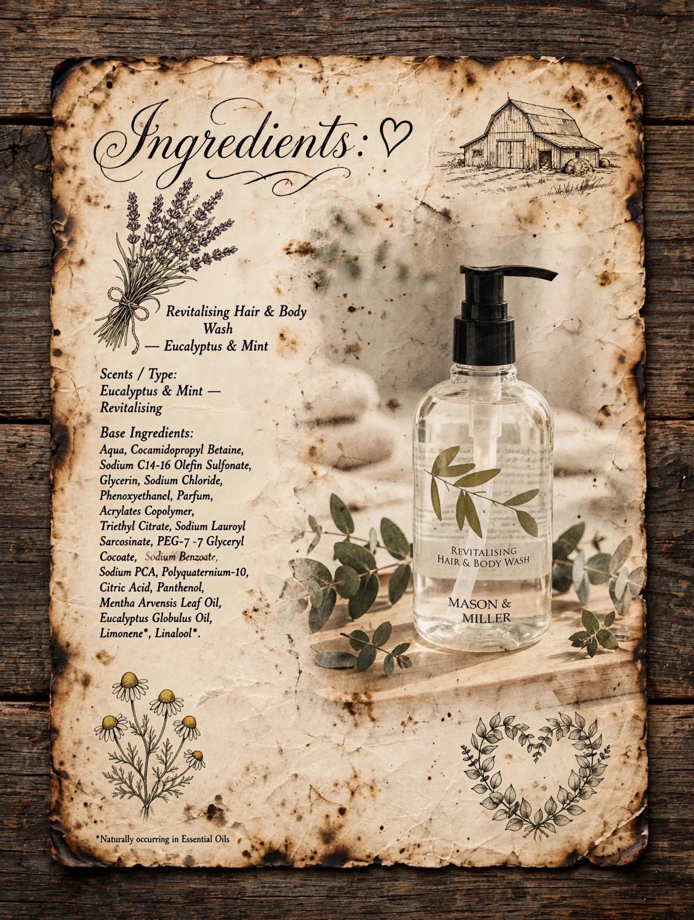 Mason & Miller hair and body wash ingredients card