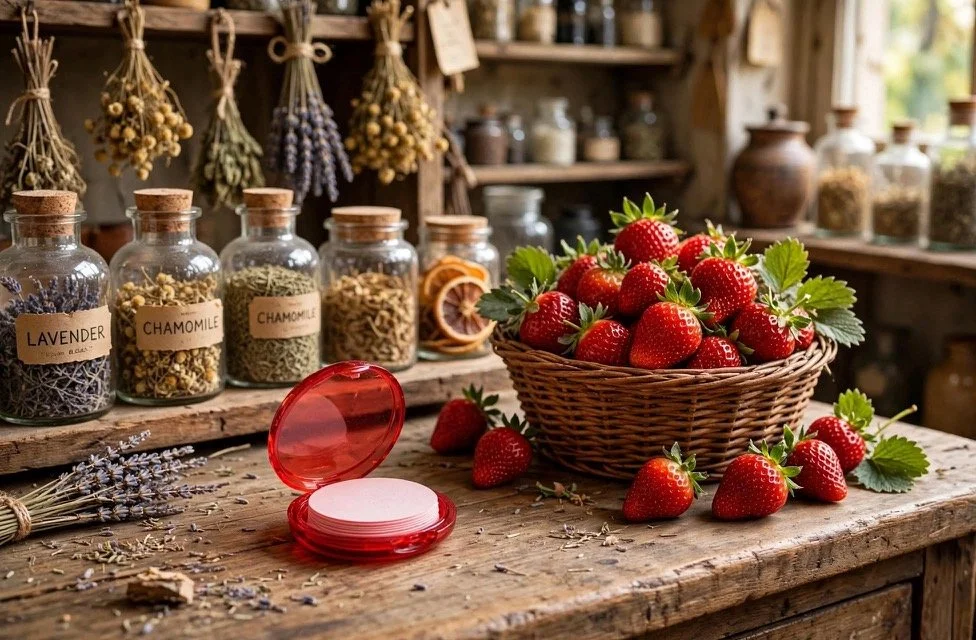 Strawberry paper soaps in a compact case with a basket of fruit