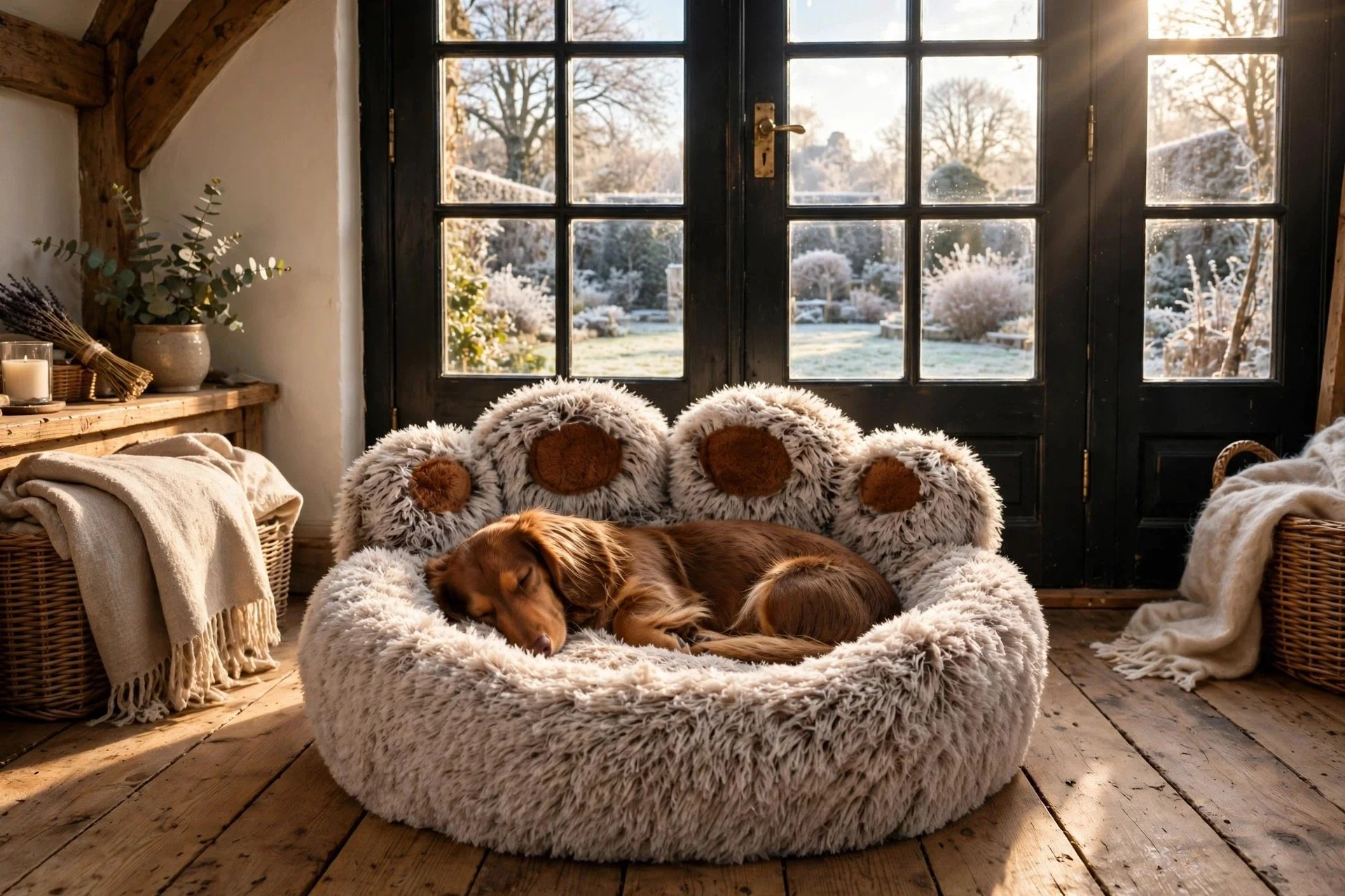 Large plush paw-shaped pet bed with a sleeping dog