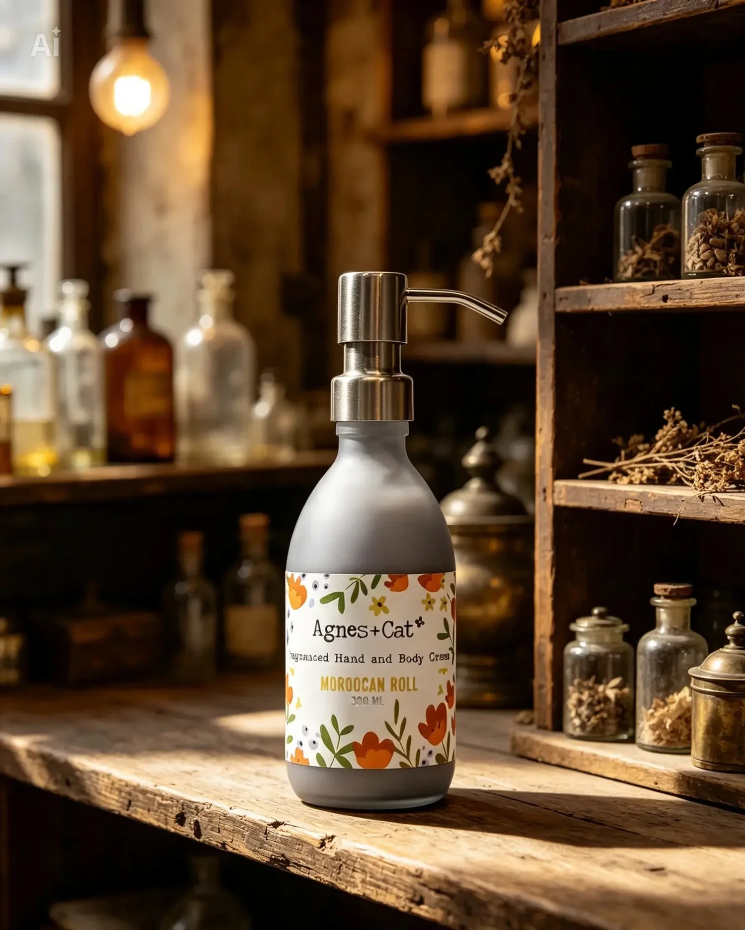 Agnes + Cat Moroccan Roll hand and body cream pump bottle on a rustic shelf