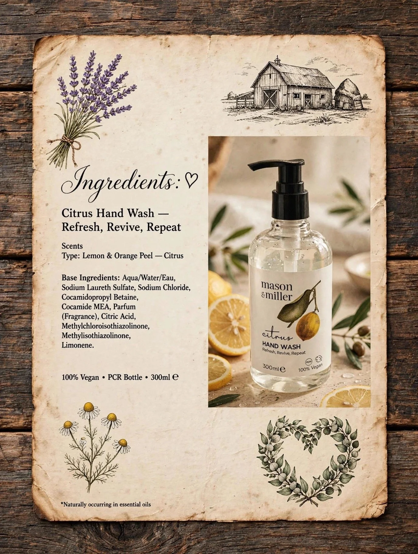 Mason & Miller hand wash ingredients card