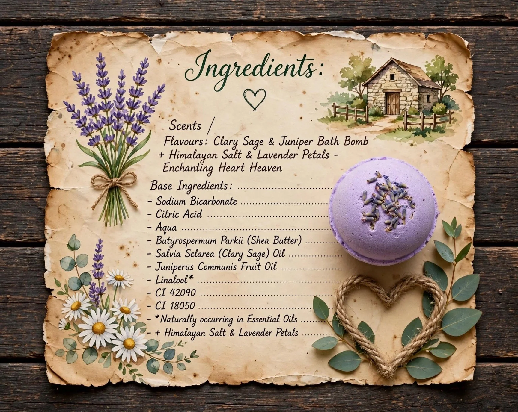 Clary Sage & Juniper bath bomb ingredients card