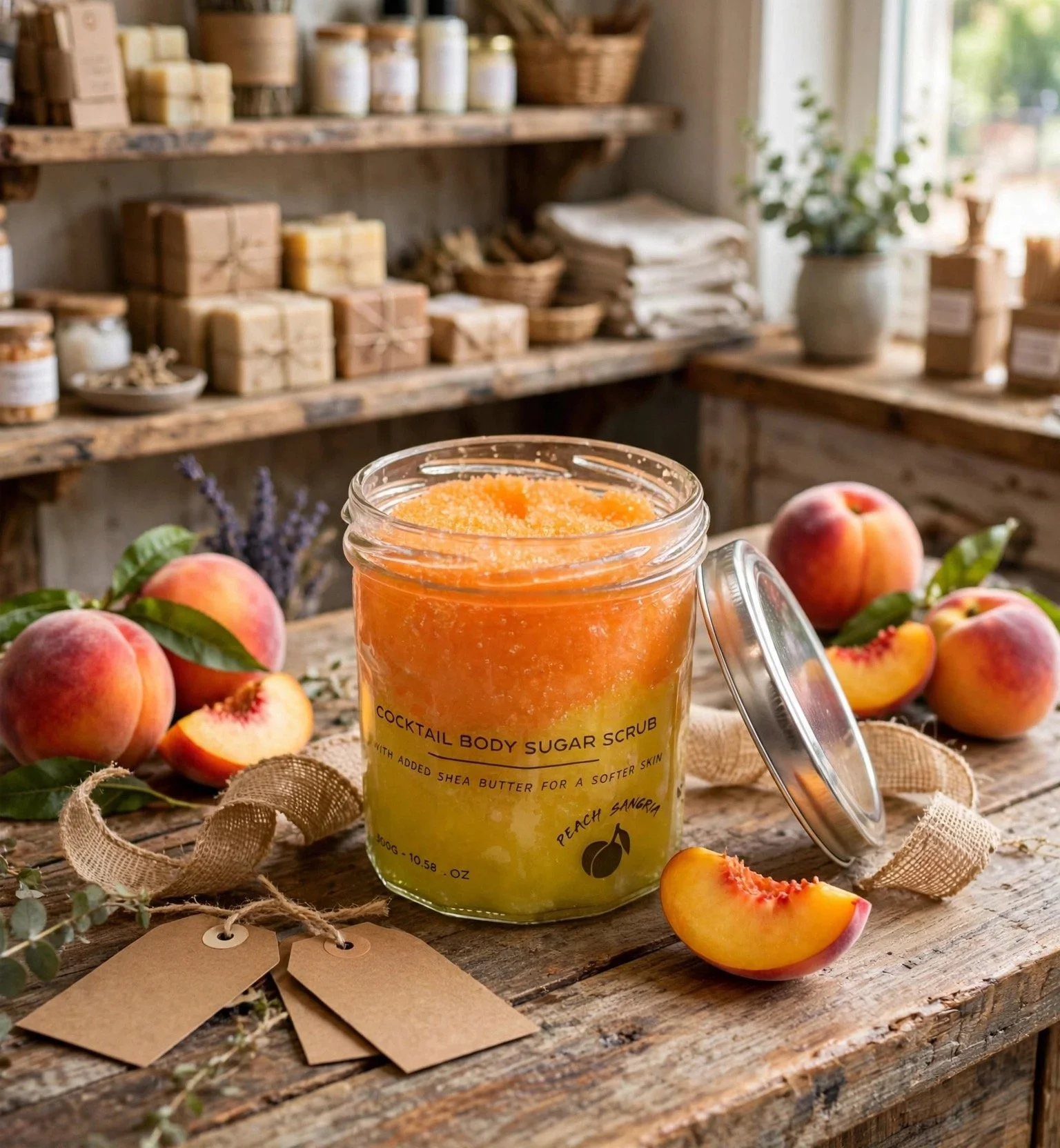 Peach Sangria fragranced sugar body scrub in an open jar with peaches