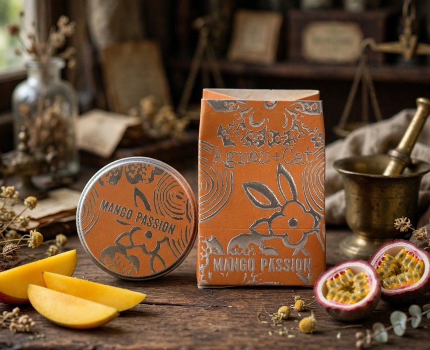Mango Passion natural lip balm tin and box with mango and passion fruit