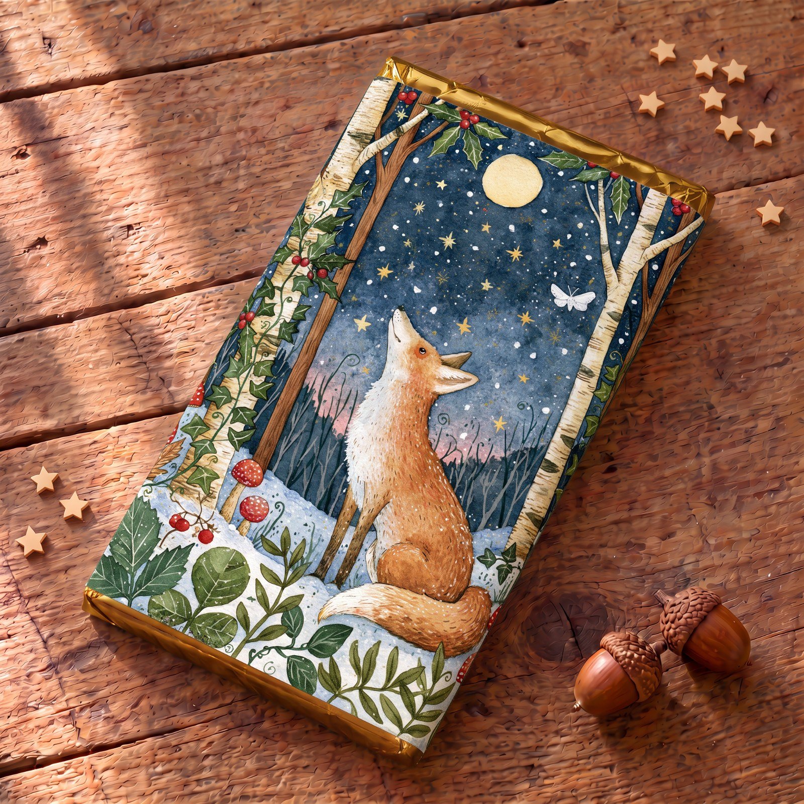 Under the Oak Tree woodland chocolate bar 100g with an illustrated cover of a fox under the moon