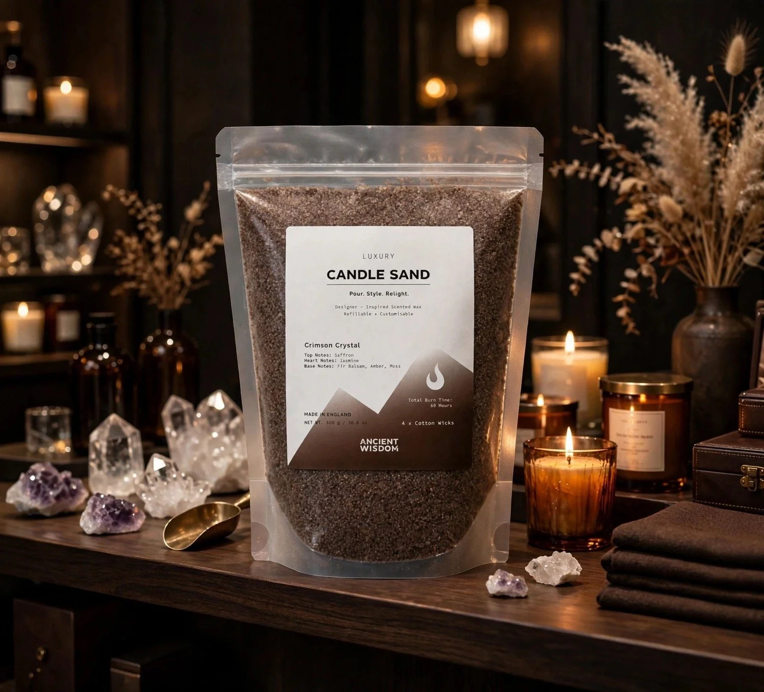Crimson Crystal scented candle sand 300g pouch with candles