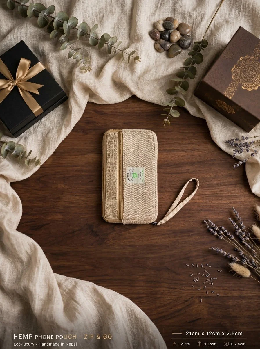 Natural beige hemp phone and zip pouch on a wooden table