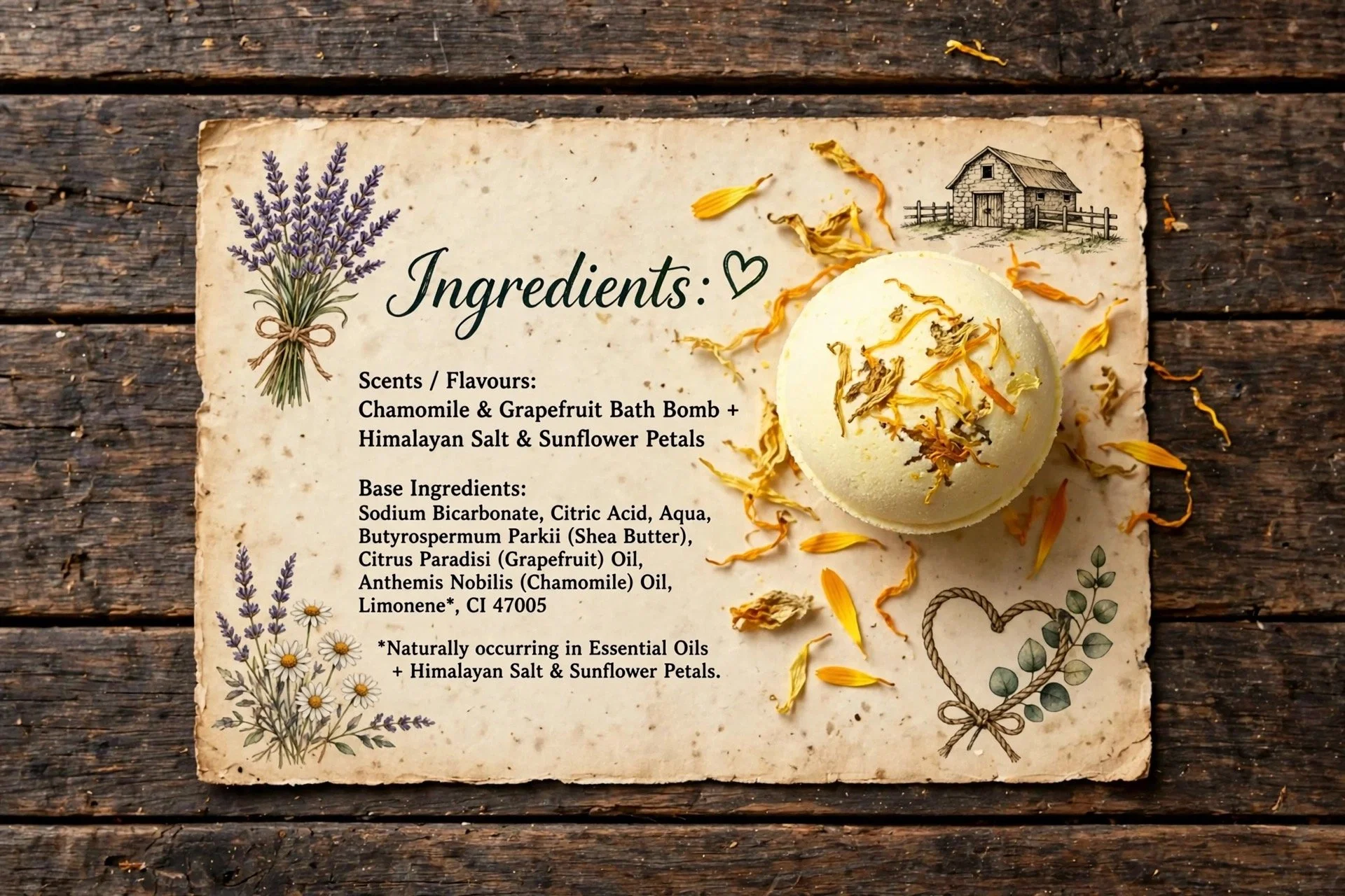 Chamomile & Grapefruit bath bomb ingredients card