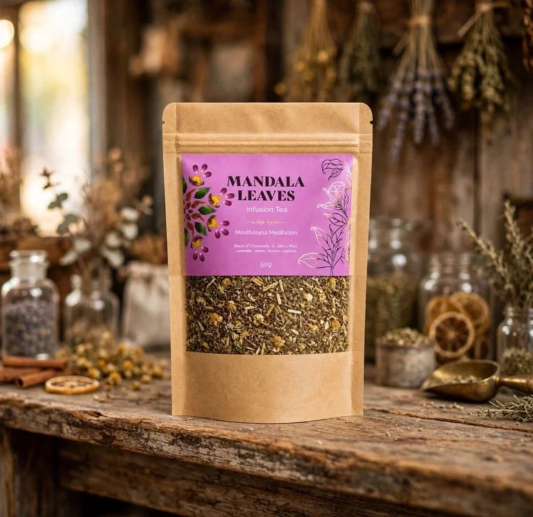 Mindfulness Meditation loose leaf tea, 50g packet, on a rustic shelf