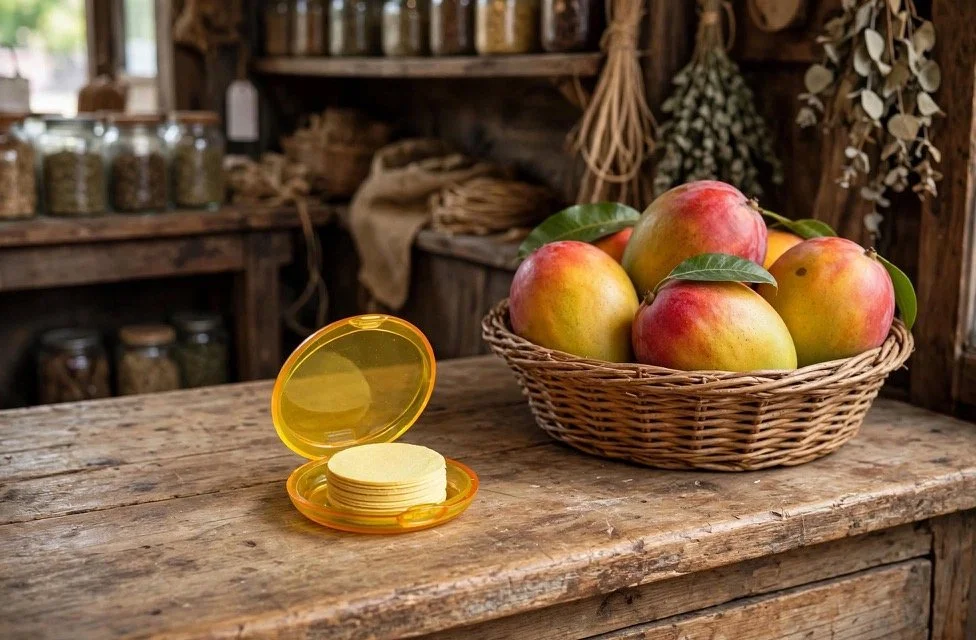Mango paper soaps in a compact case with a basket of fruit