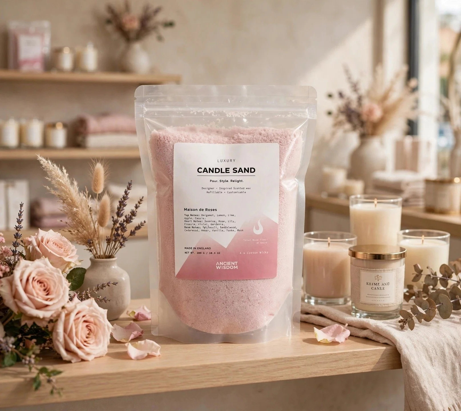 Maison de Roses scented candle sand 300g pouch with roses