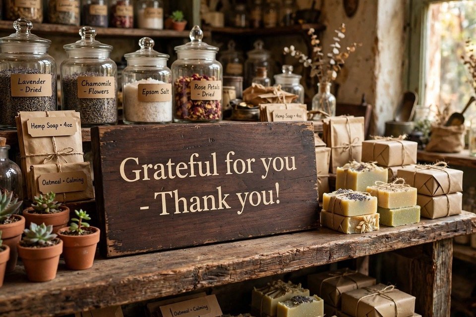 Natural soaps and gifts on a rustic shelf with a 'Grateful for you – Thank you!' sign