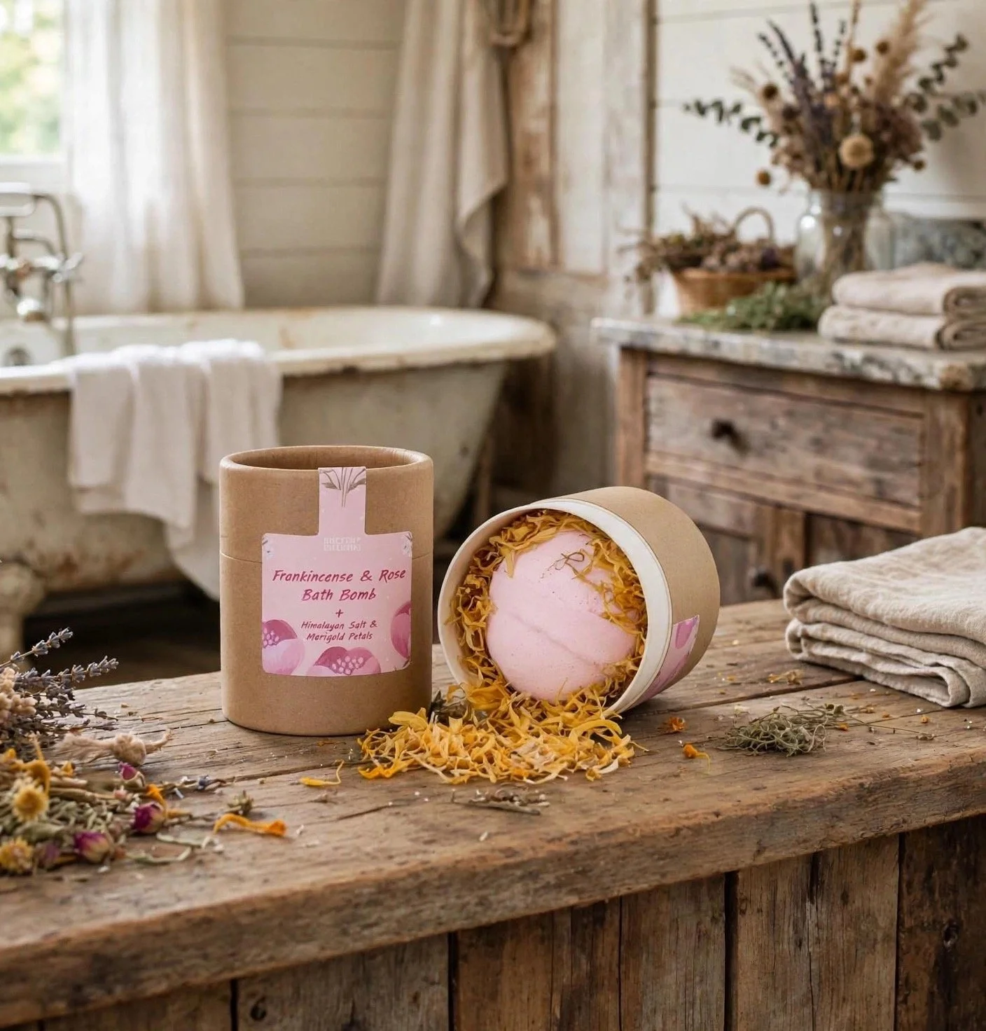 Frankincense & Rose aromatherapy bath bomb with marigold petals in a gift tube beside a bath