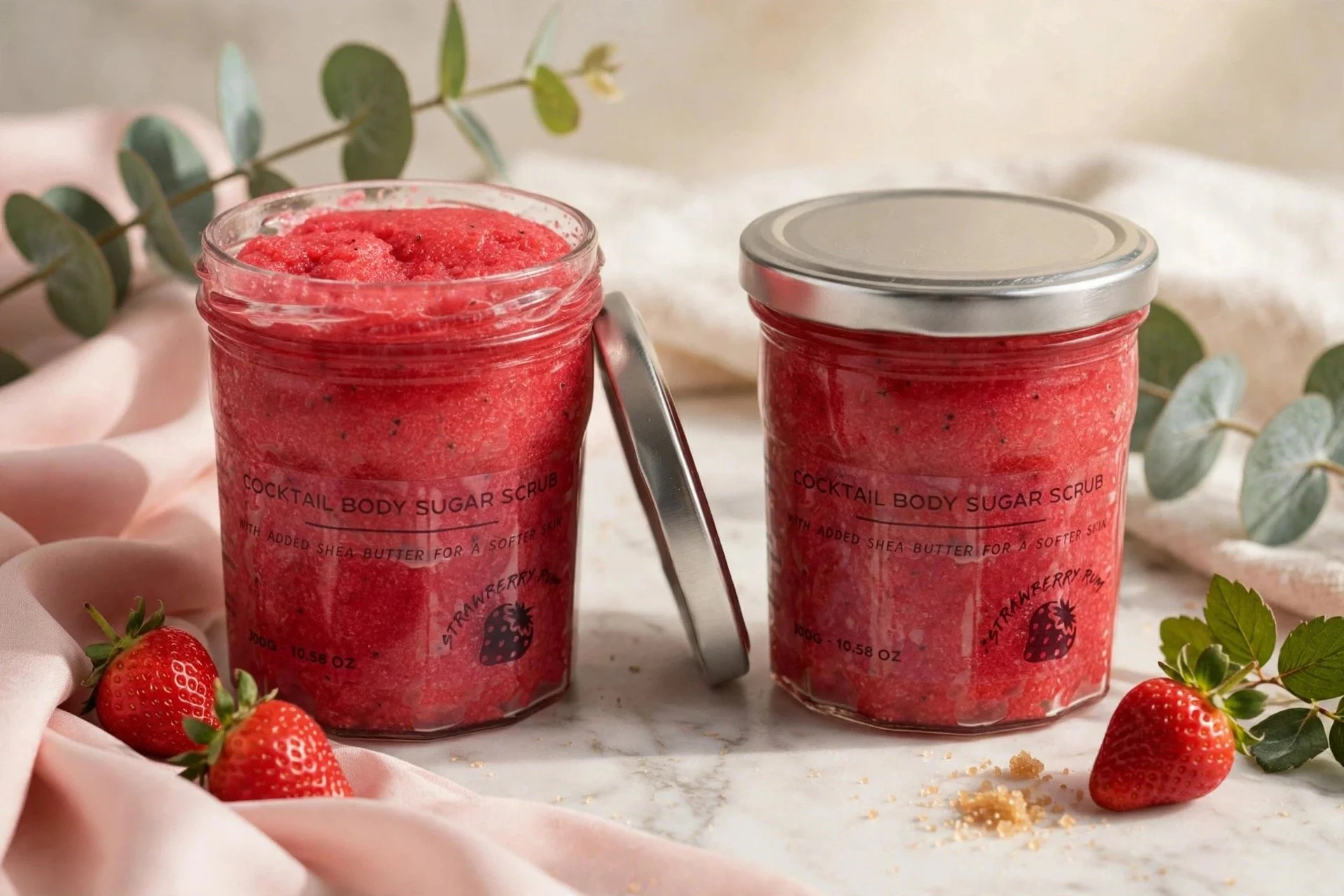 Two jars of Strawberry Rum fragranced sugar body scrub