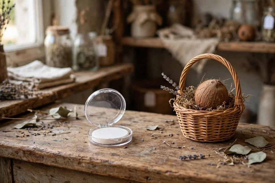 Coconut paper soaps in a compact case with a basket of fruit