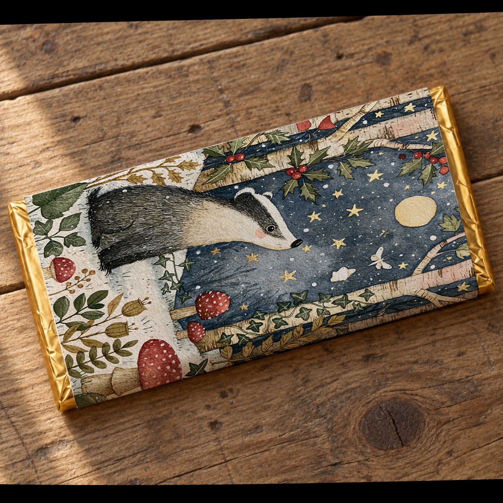 Under the Oak Tree woodland chocolate bar 100g with an illustrated cover of a badger in the woods
