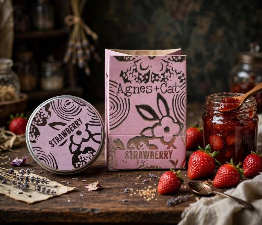 Strawberry natural lip balm tin and box with strawberries