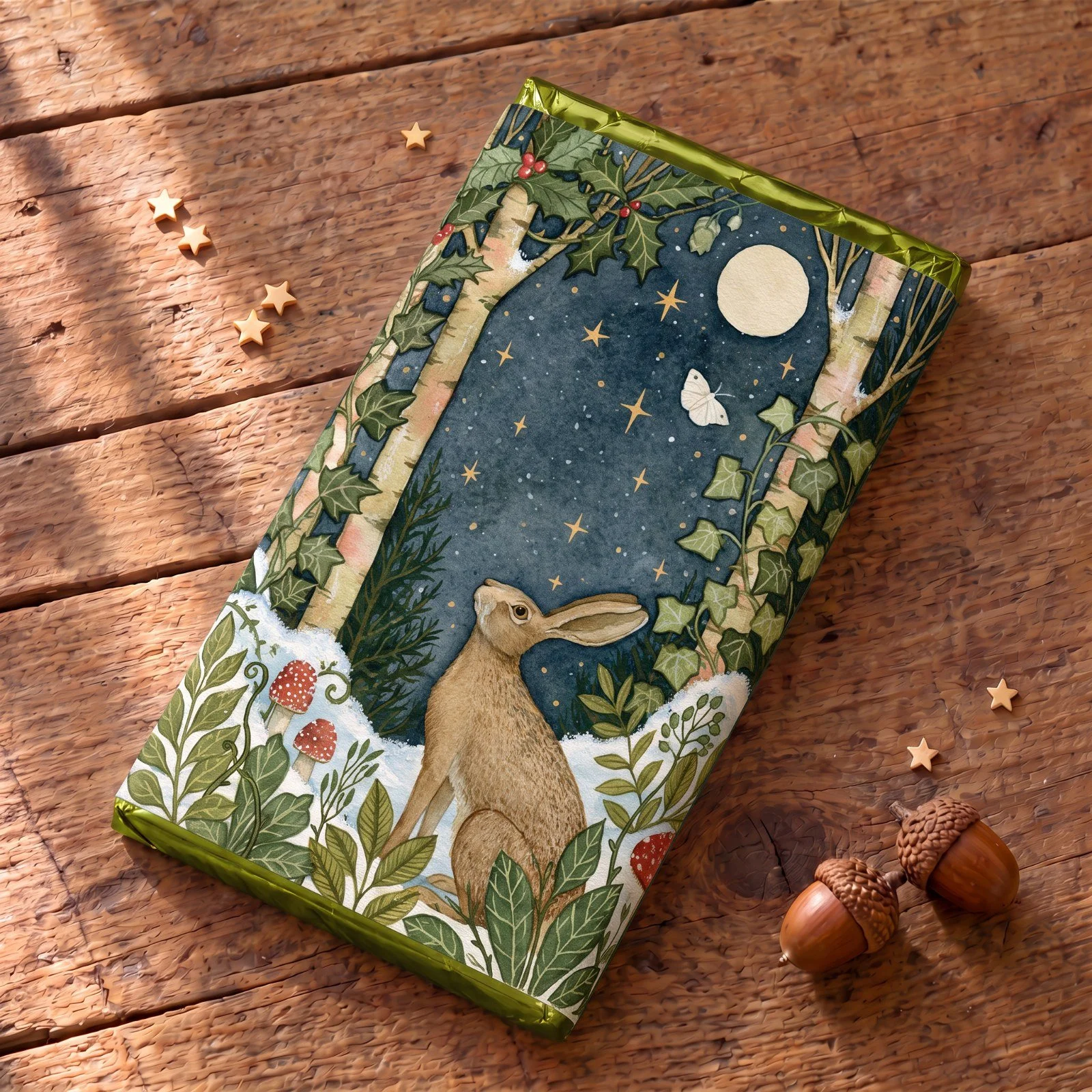 Under the Oak Tree woodland chocolate bar 100g with an illustrated cover of a hare at night