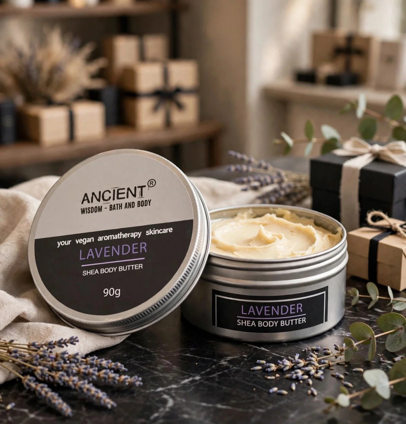 Open tin of lavender aromatherapy shea body butter