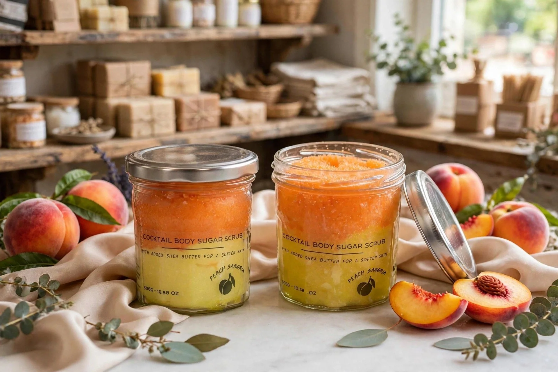 Two jars of Peach Sangria fragranced sugar body scrub with peaches