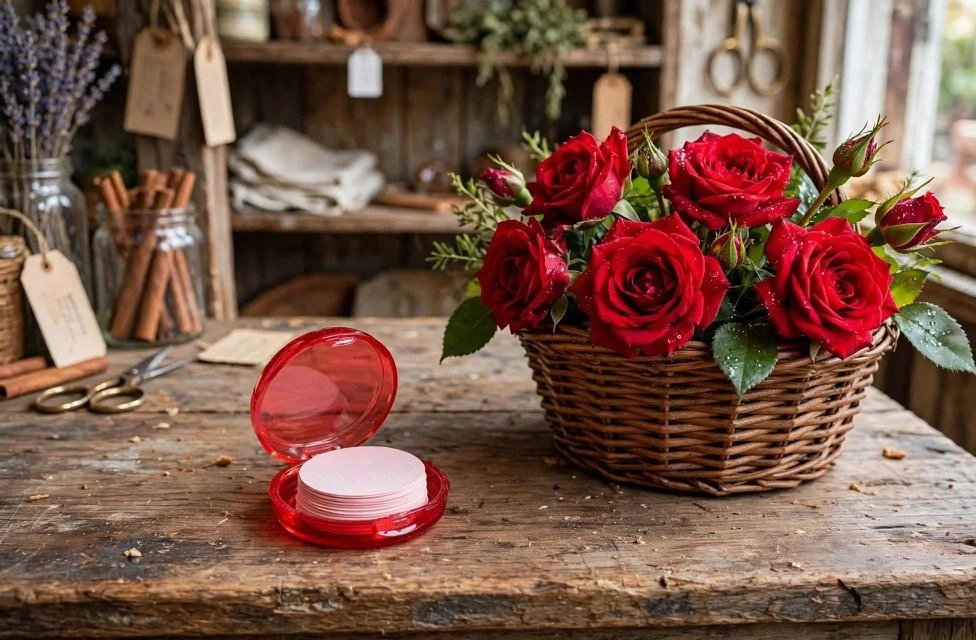 Rose paper soaps in a compact case with a basket of roses