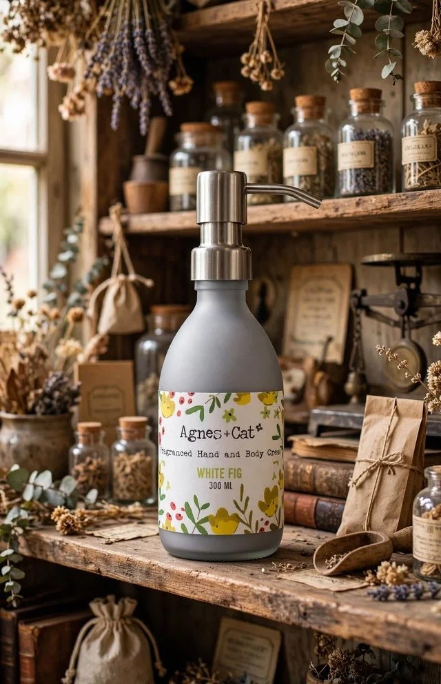 Agnes + Cat White Fig hand and body cream pump bottle on a rustic shelf