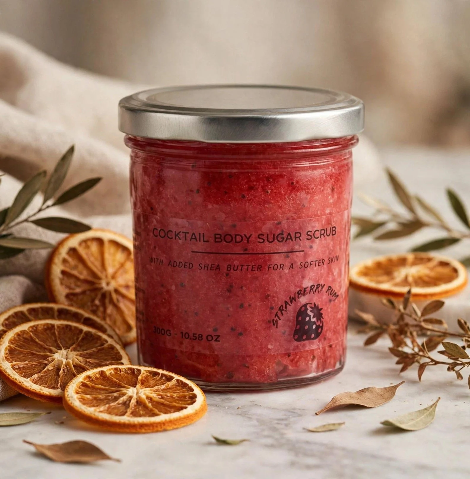 Strawberry Rum fragranced sugar body scrub jar with dried orange slices