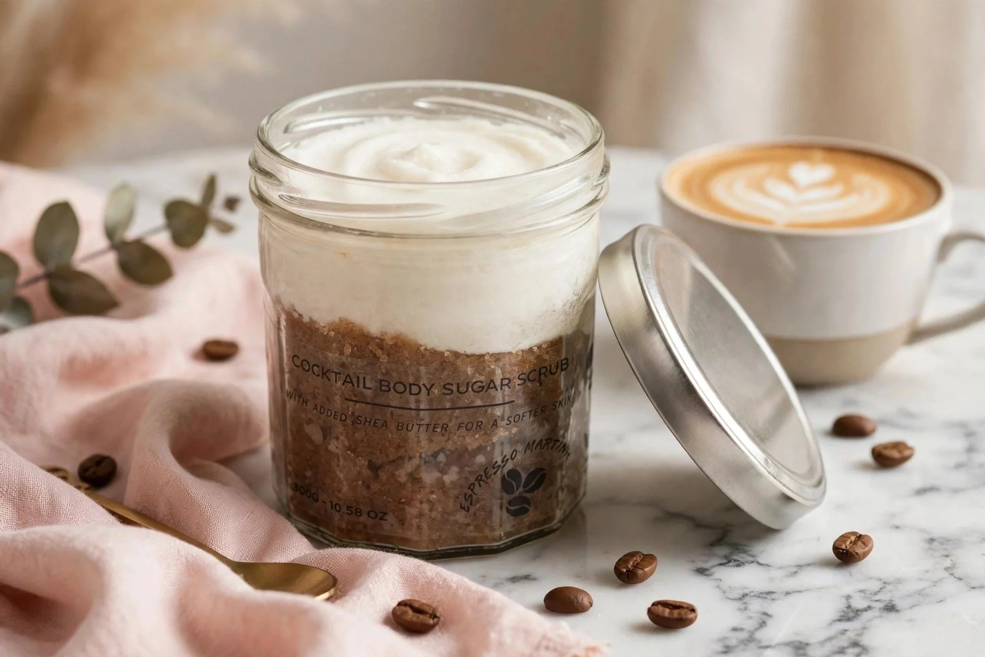 Espresso Martini fragranced sugar body scrub with a cappuccino