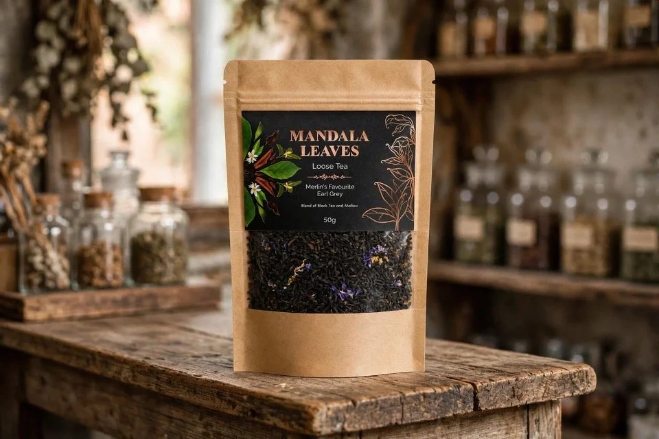 Merlin's Favourite Earl Grey loose leaf tea, 50g packet, on a rustic shelf