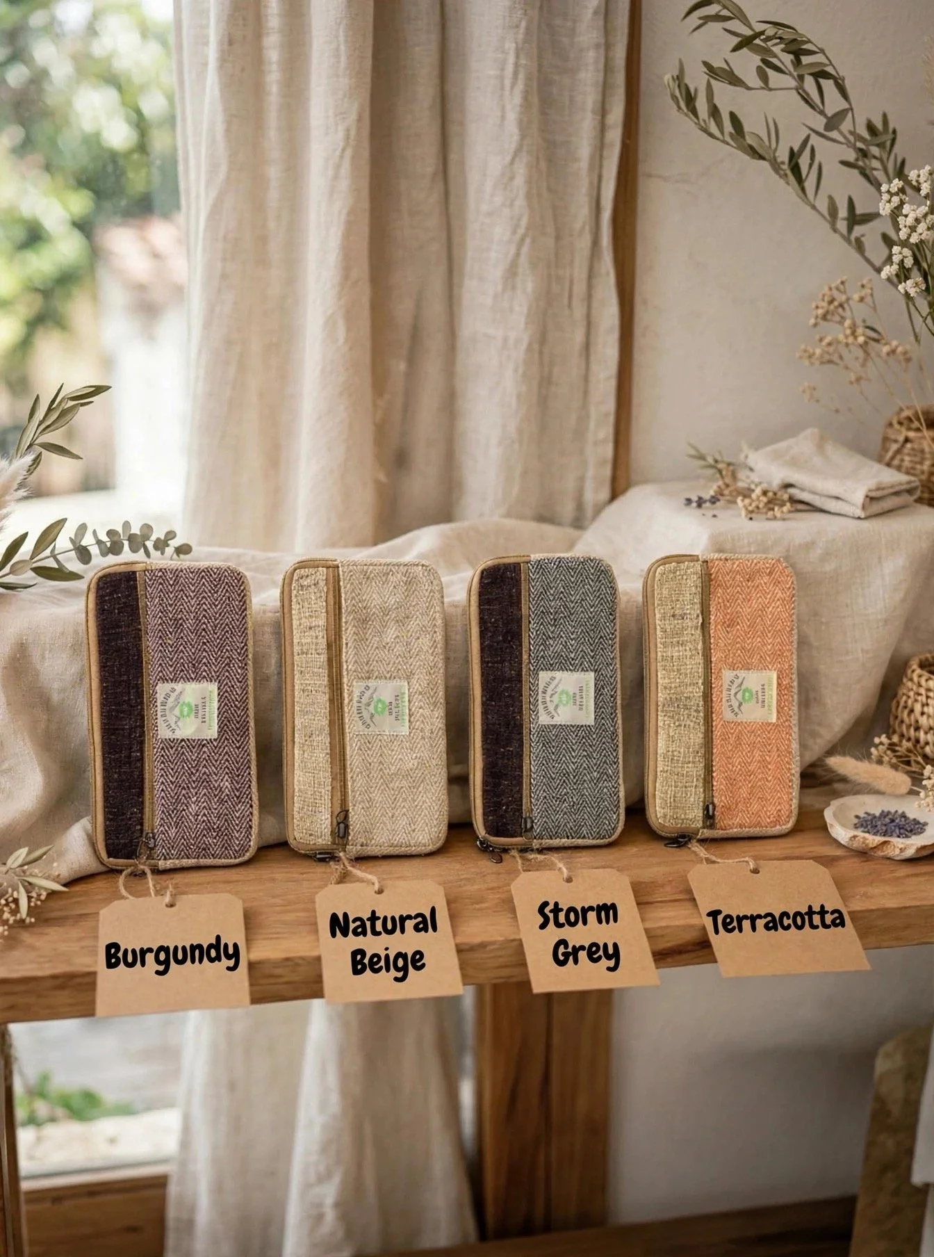 Hemp zip pouches in Burgundy, Natural Beige, Storm Grey and Terracotta