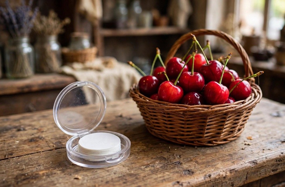 Cherry paper soaps in a compact case with a basket of fruit