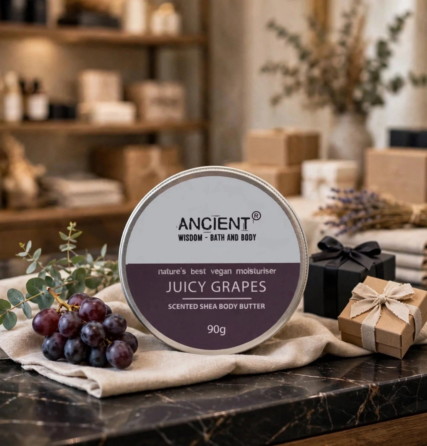 Juicy Grapes scented shea body butter 90g tin with grapes
