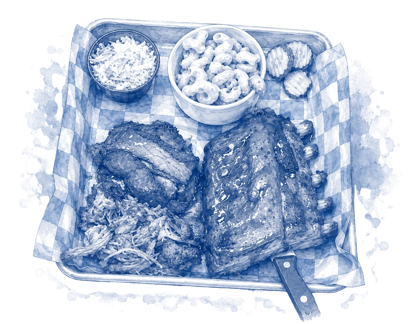 A tray with barbecue ribs, pulled pork, macaroni and cheese, and pickles.