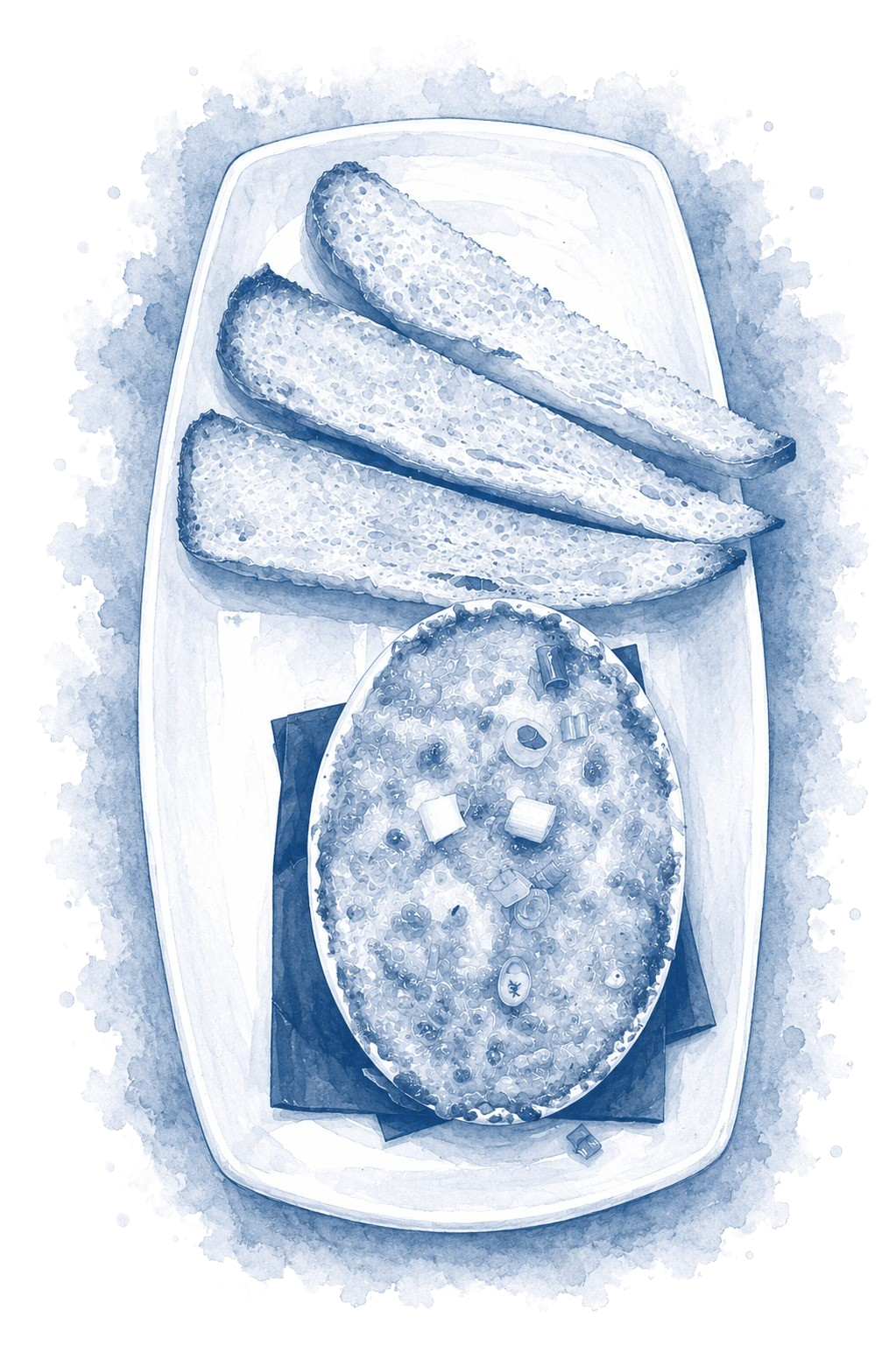 A watercolor illustration of crab dip and three crostinis