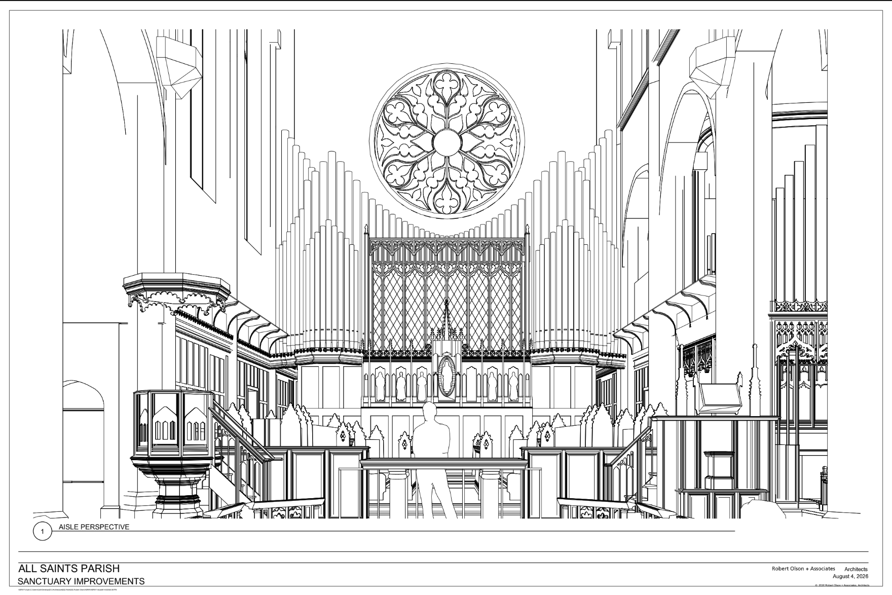 Architectural drawing of the interior sanctuary of All Saints Parish, featuring detailed elevated woodwork, stained glass windows, a large rose window, and a central statue with pews and lawn decorations in the foreground.