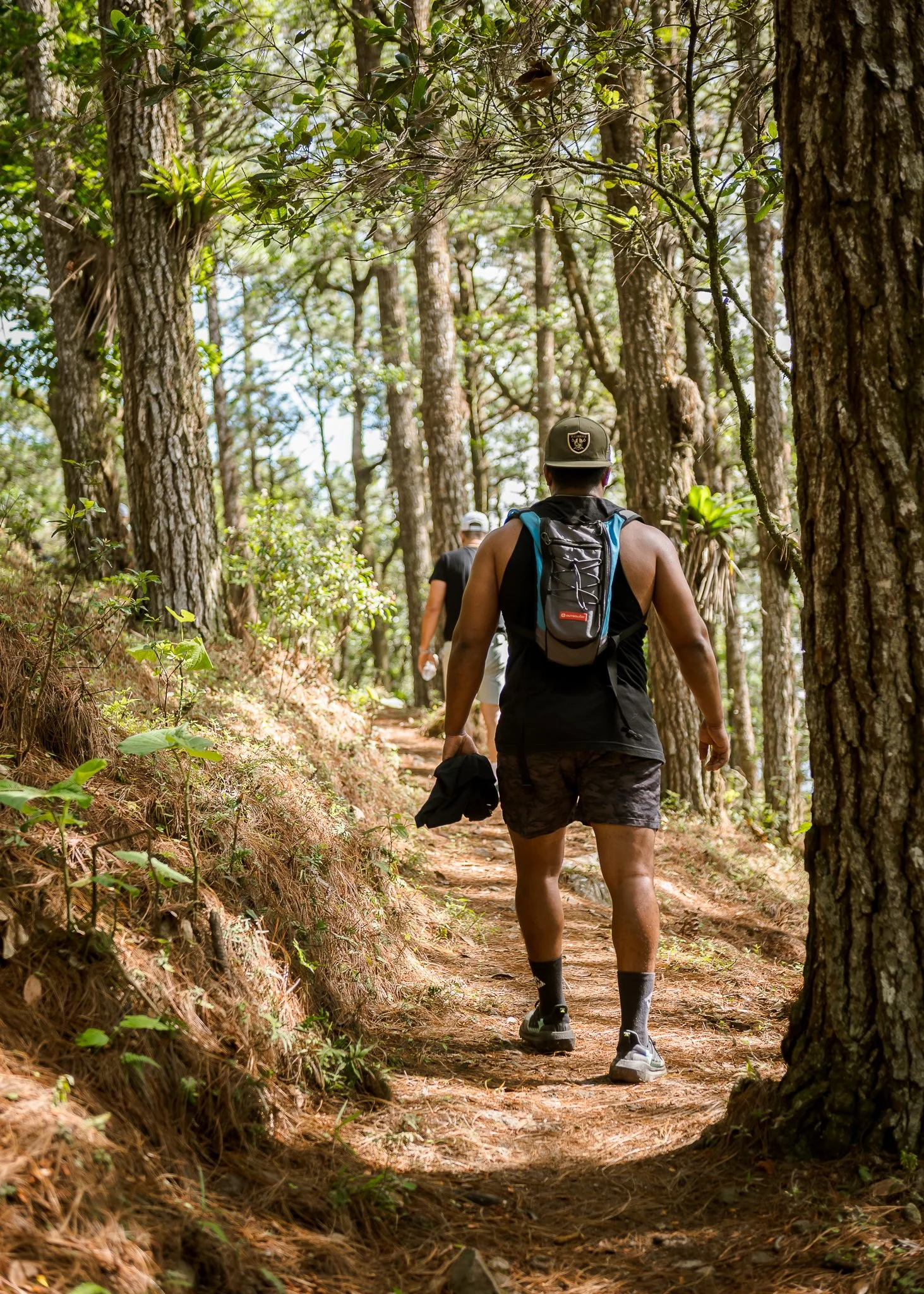Two men hiking on a narrow trail through a dense forest with tall trees and green foliage.