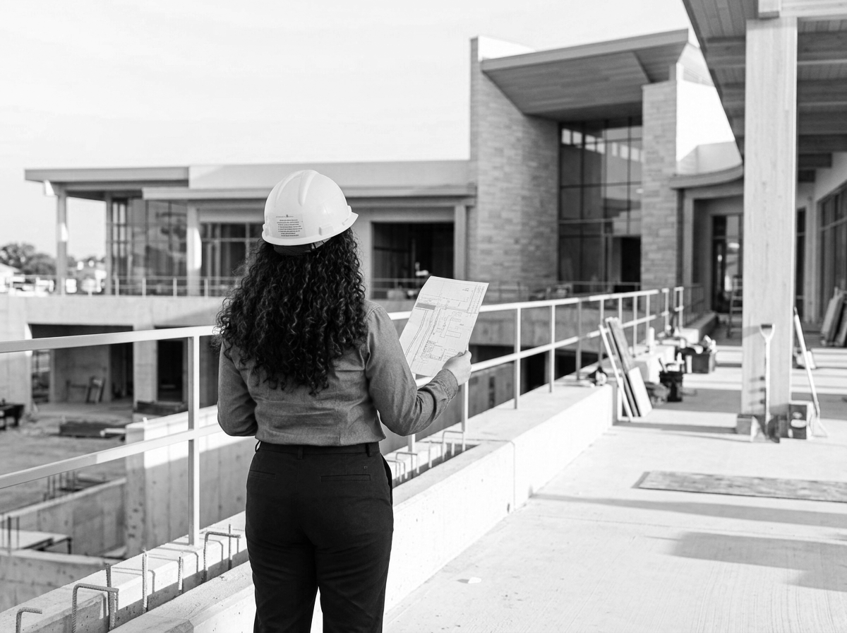 A woman wearing a hard hat looks at construction plans on a building site with a modern architectural design.