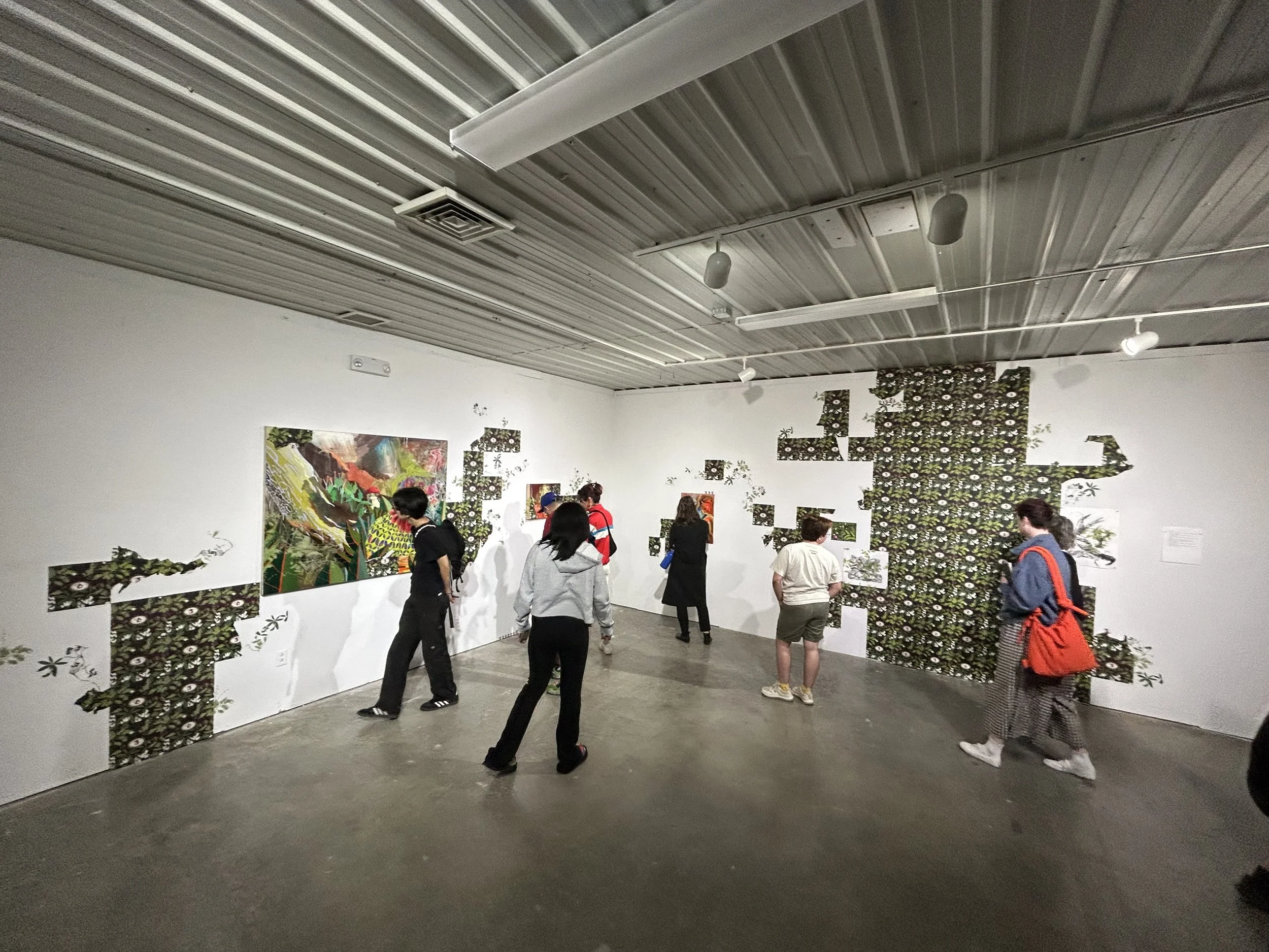 Appalachian Futurism installation, 10 layer hand screenprinted wallpaper, ed. 300, 10x10 inch sheets, wheatpasted on drywall, various oil paintings, various lithographs, 2025.