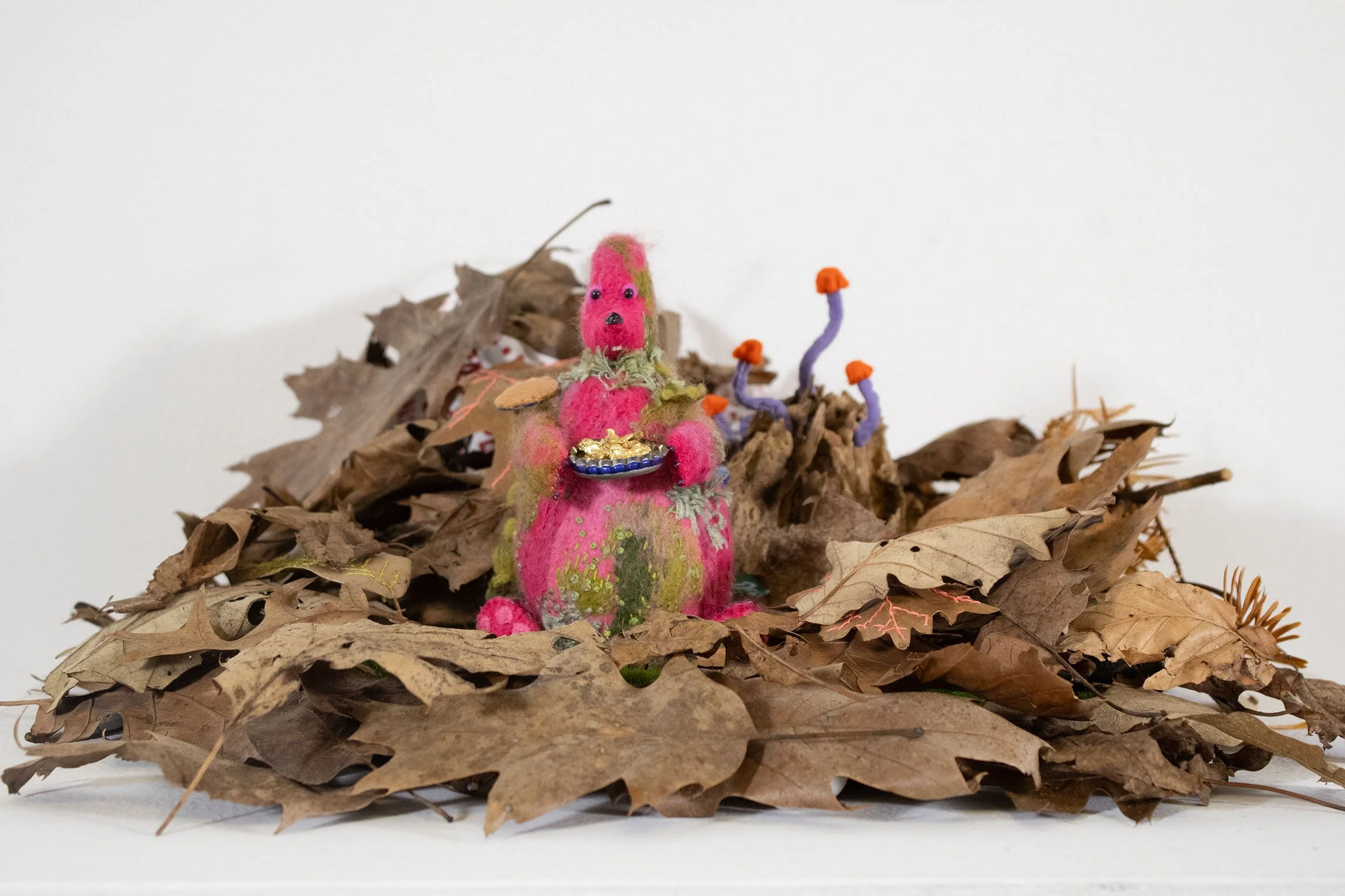 Foof, natural detritus, bottle cap, gilded turtle bones, wool felt, wool roving, beeswax, cotton thread, dimensions variable, 2026
