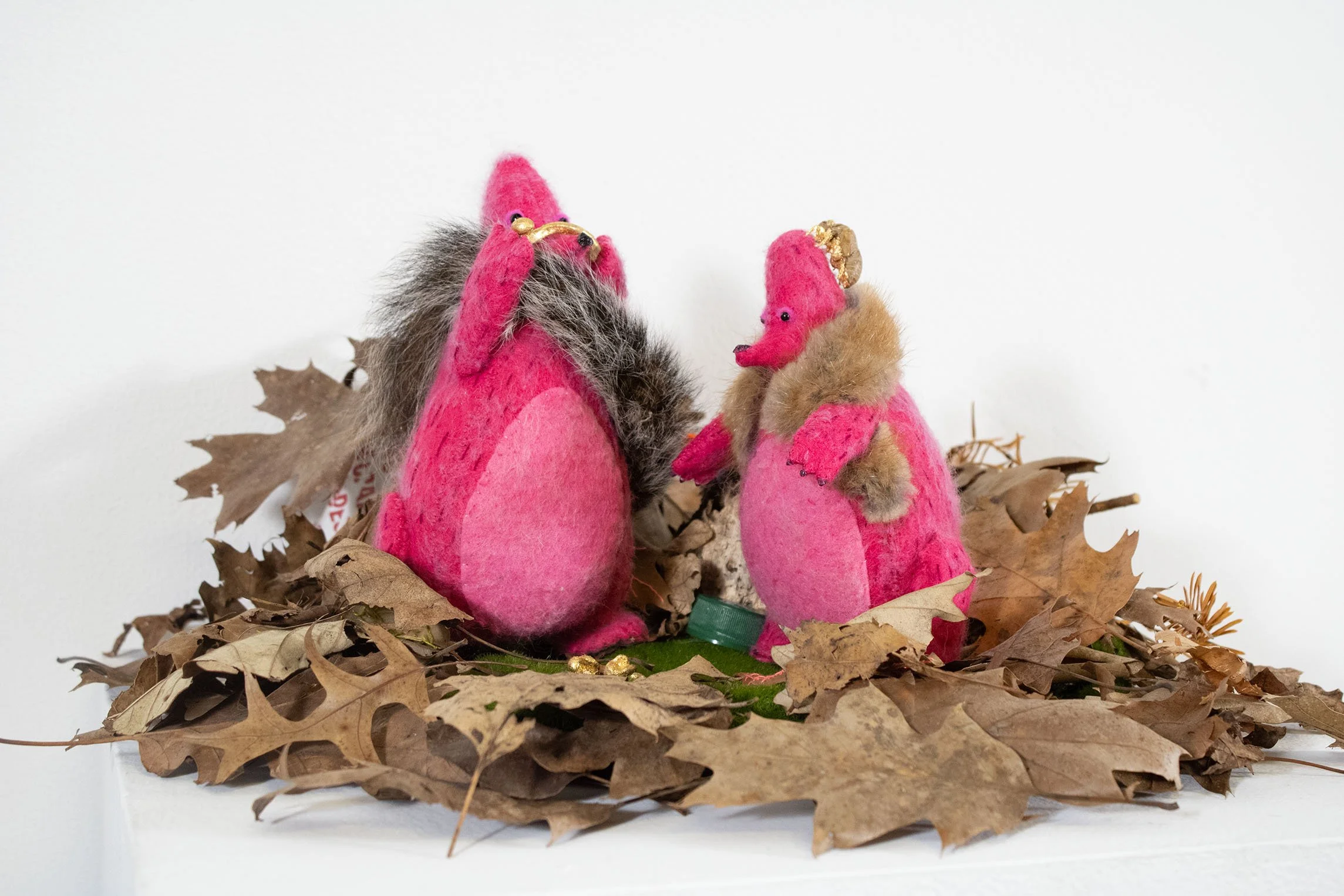 Foofs, (ethically sourced) rabbit and squirrel sashes, wool felt, wool roving, gilded turtle bones, Dr. Enuf bottlecap, natural detritus, gilded cicada husk, dimensions variable, 2026