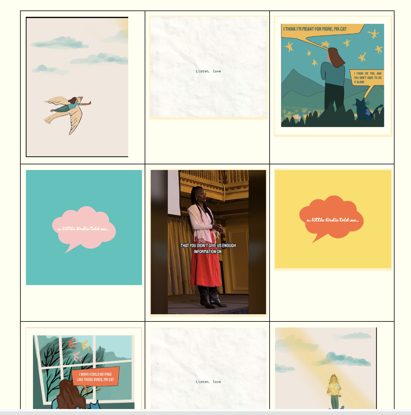A collage of nine images including illustrations of a girl flying with birds, a note with "Listen, love," a woman speaking at a conference, and speech bubbles with sayings like "a little birdie told me..."