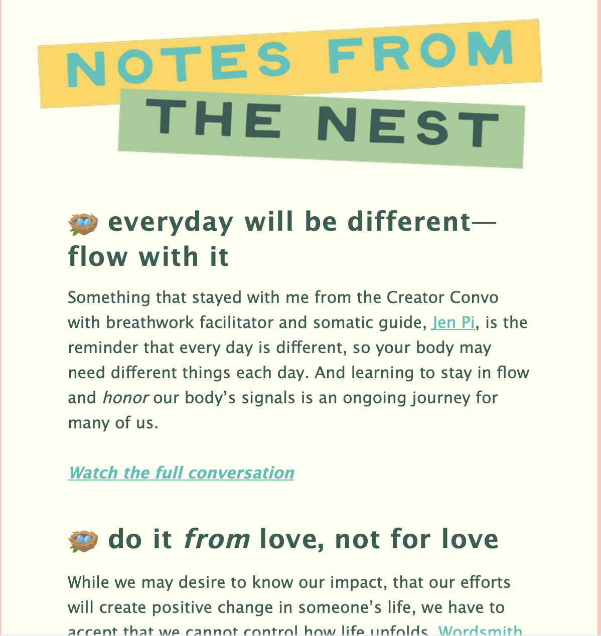 A webpage titled "Notes from the Nest" with a subtitle "everyday will be different — flow with it." The page includes a paragraph discussing living in harmony with the body and a link to watch a full conversation. The design features pastel colors, a