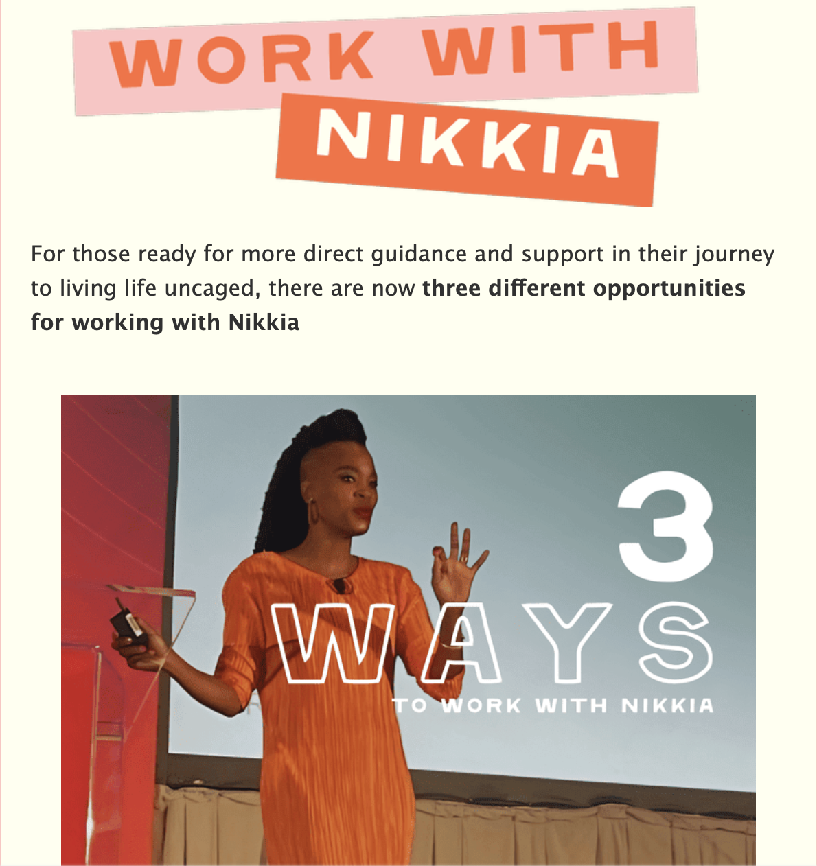 A woman in an orange dress speaking at a presentation titled '3 Ways to Work with Nikkia' with a large screen behind her. The slide features bold, stylized text and a background in shades of red and gray.