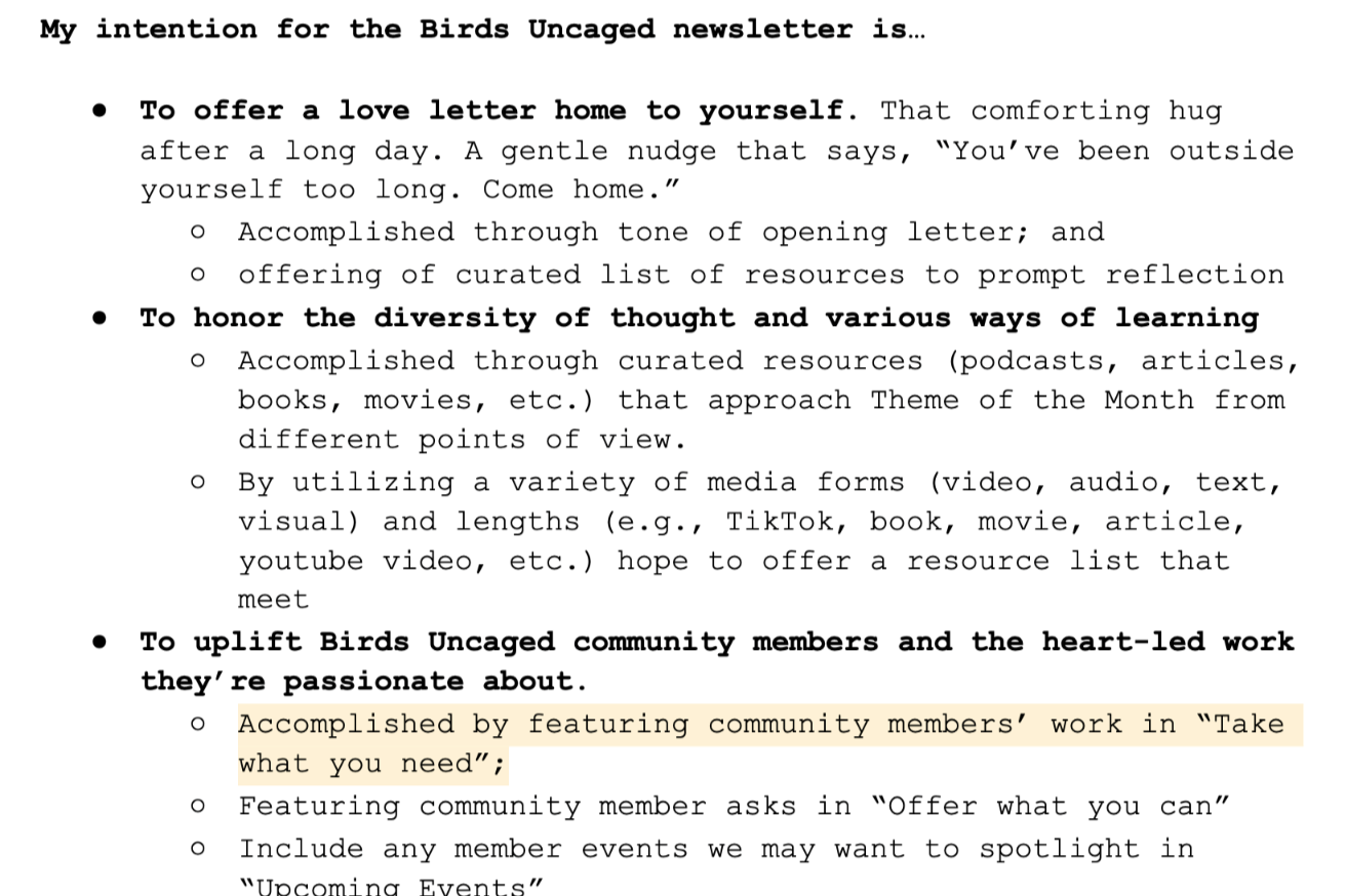 A handwritten note on a piece of paper with a typed newsletter. The newsletter includes goals for the Birds Uncaged community, such as offering self-love letters, honoring diverse thinking, and uplifting community members.