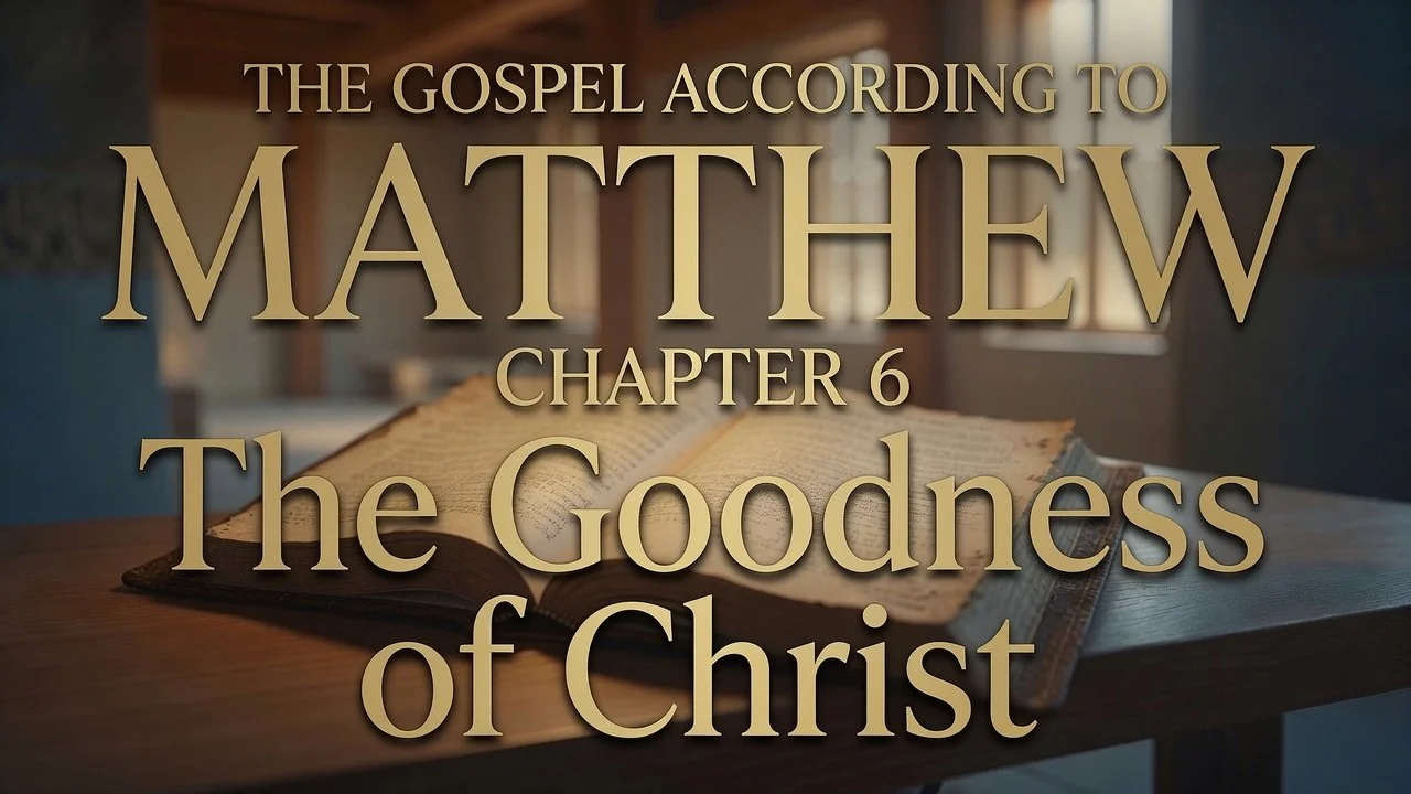 Text overlay on an open book with light coming in through windows in the background. The text reads "The Gospel According to Matthew, Chapter 6, The Goodness of Christ."