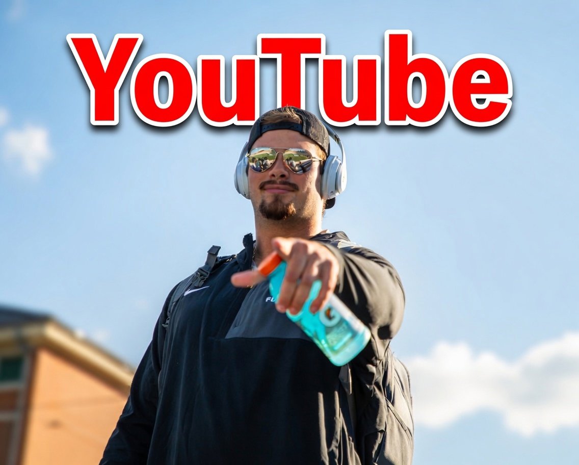 Man wearing sunglasses, headphones, and jacket pointing at the camera with the YouTube logo above him, outdoors on a sunny day.
