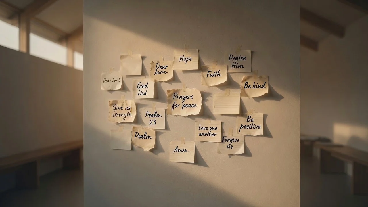 Wall with many handwritten notes and prayers taped up, including words like 'Hope', 'Faith', 'Praise Him', 'Be kind', 'Be positive', 'Prayers for peace', 'Love one another', 'Forgive us', 'Psalm 23', and 'Dear Lord'.