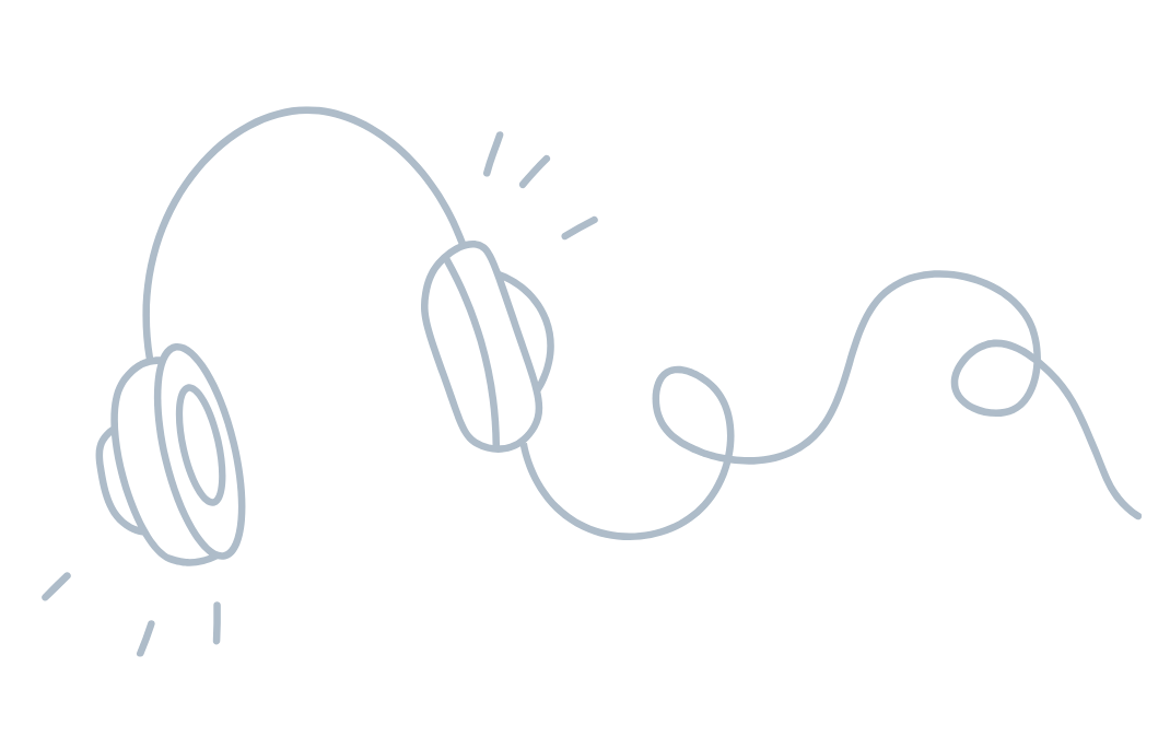 Line drawing of a pair of headphones with a connected audio cable.